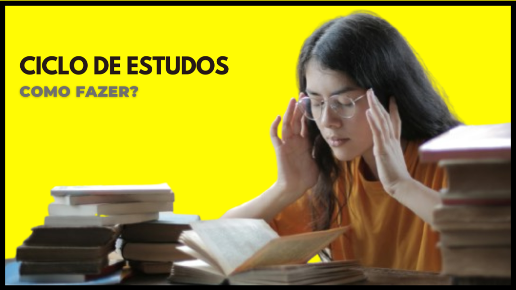 Menina estudando com vários livros, por meio do ciclo de estudos.